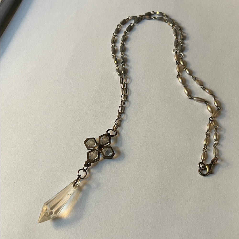 Artisan Antique Gold Cross Pendant Necklace with Crystal Drop